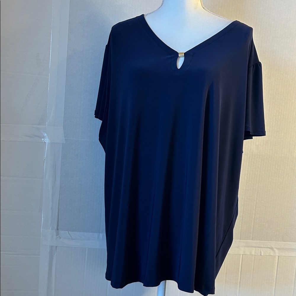 Jones New York Flutter Sleeve V-Neck w/Silver Bar Keyhole Navy Pullover Top 3X